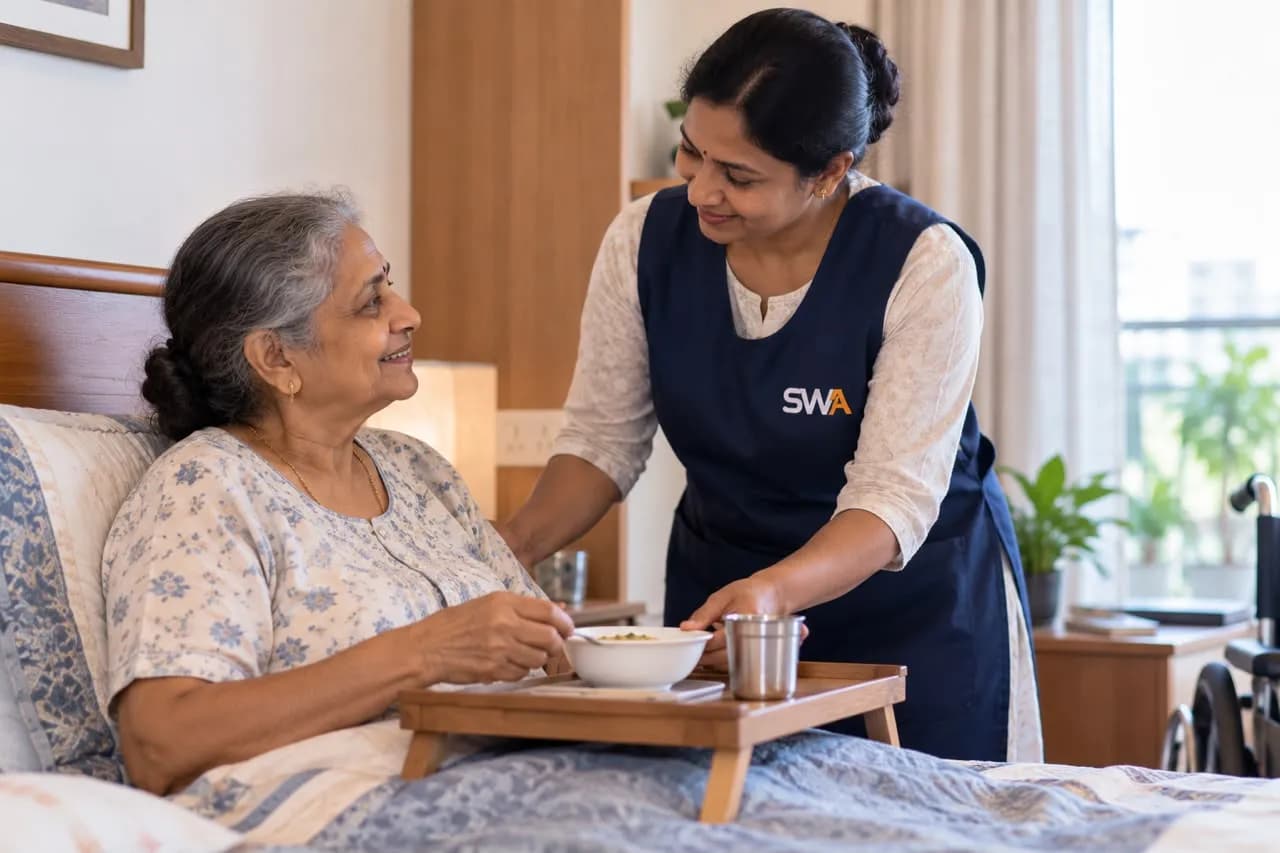 A SWA carer serving a meal to an elderly woman at home