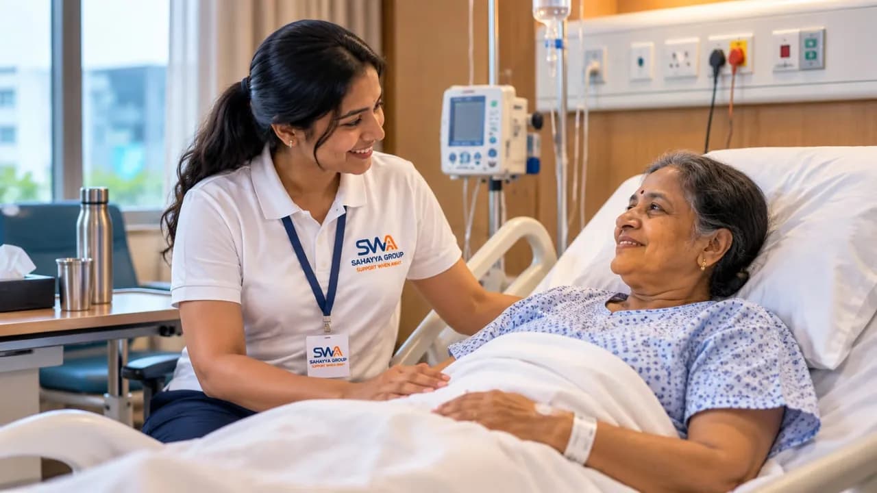 A SWA Guardian reassuring a patient in her hospital bed