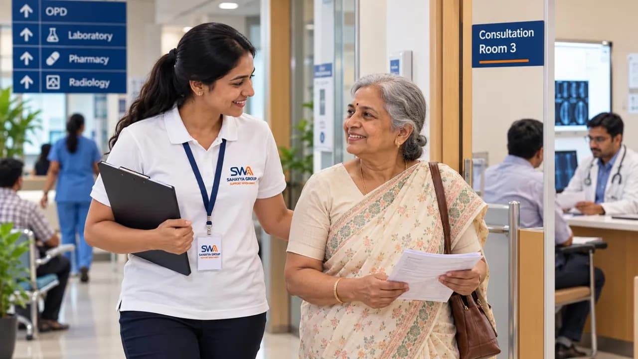 A SWA Healthcare Guardian accompanying an elderly woman through a hospital corridor