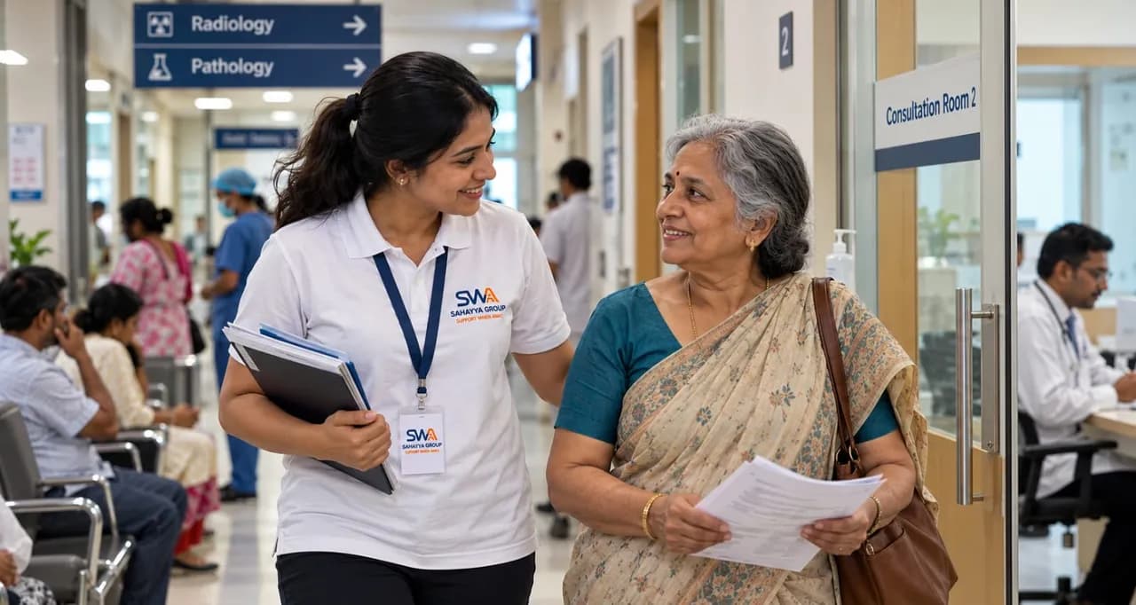 A SWA Guardian walking an elderly woman to her consultation in a hospital OPD