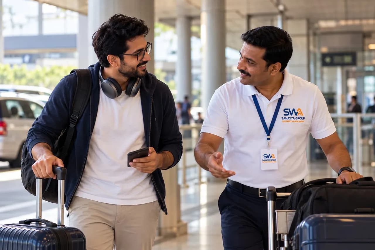 A SWA coordinator meeting a traveller with luggage at the airport